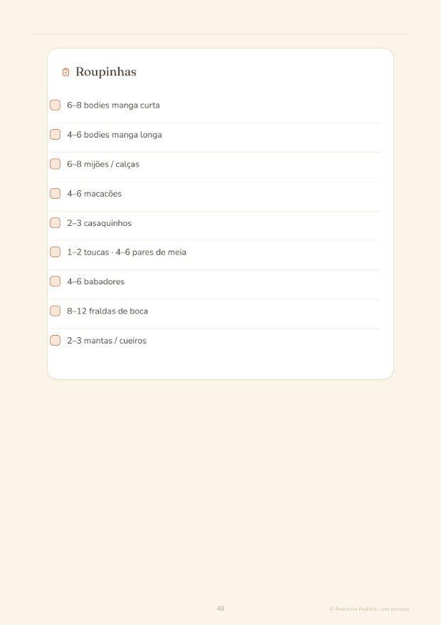 Página do eBook com o checklist de roupinhas e as quantidades de cada peça