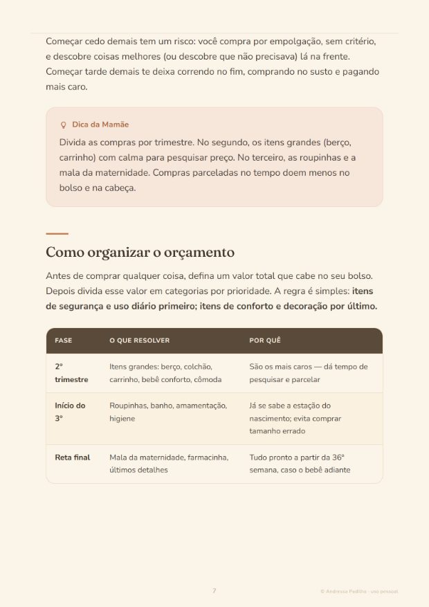Página do eBook com a tabela de organização do orçamento por trimestre
